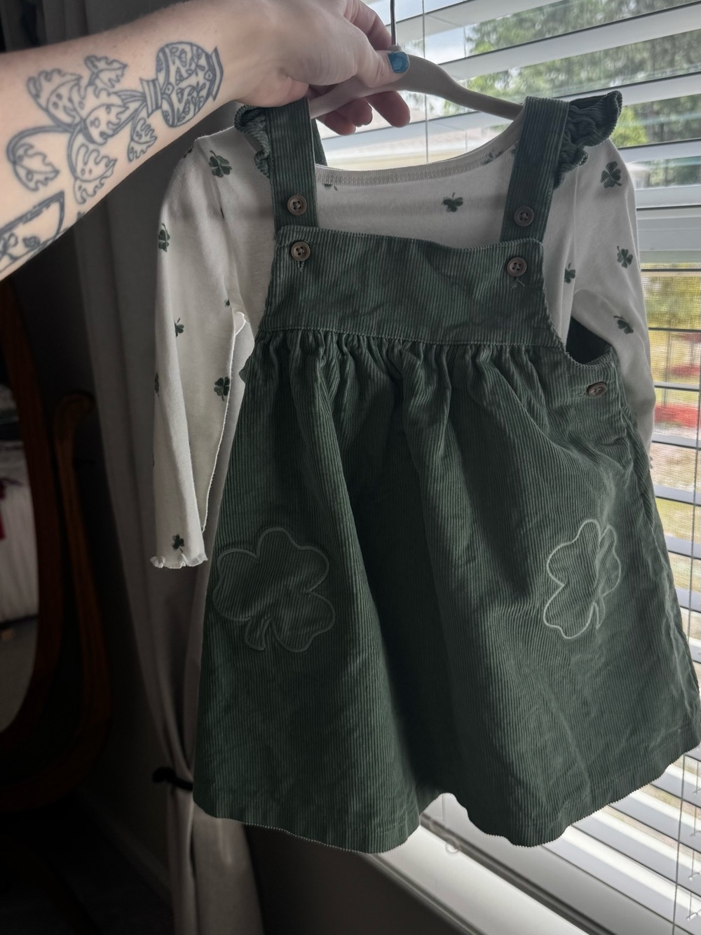 Green Corduroy Dress with Clover onesie